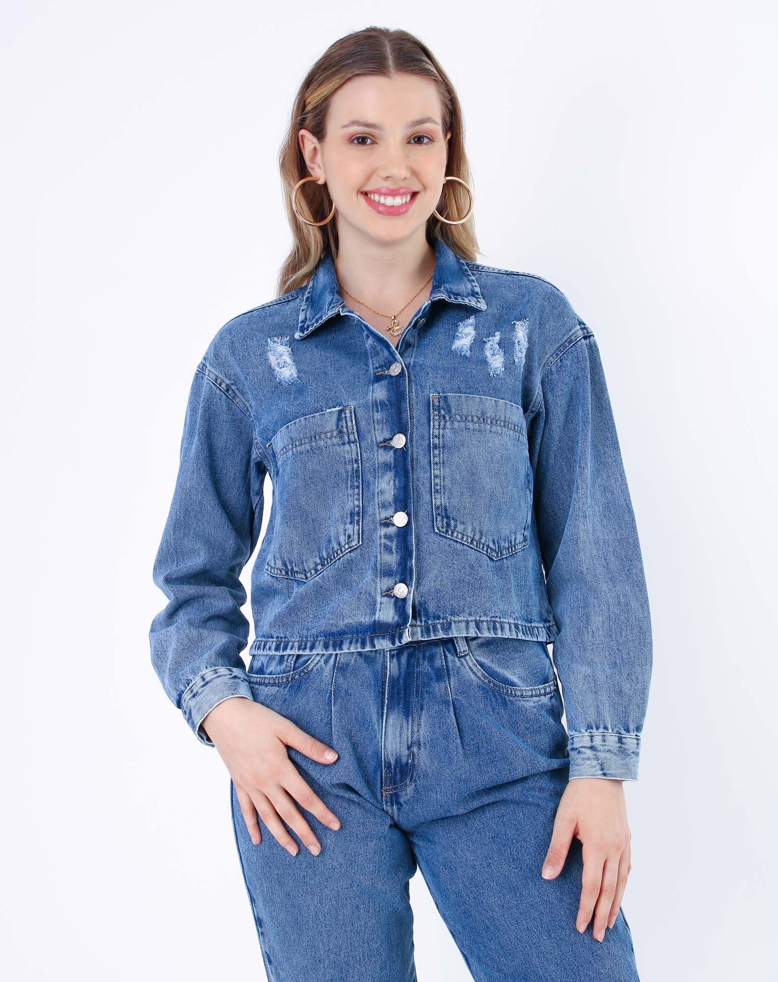 698305001 jaqueta jeans feminina destroyed jeans medio p 704