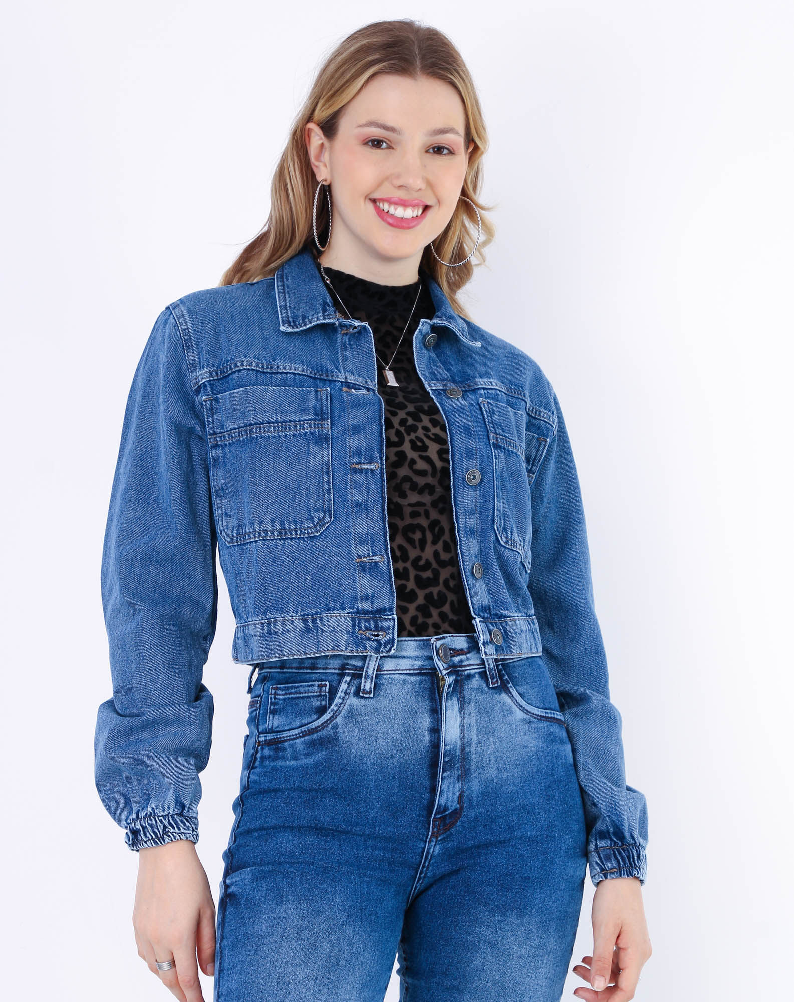698304001 jaqueta jeans feminina punhos elástico jeans medio p 54e